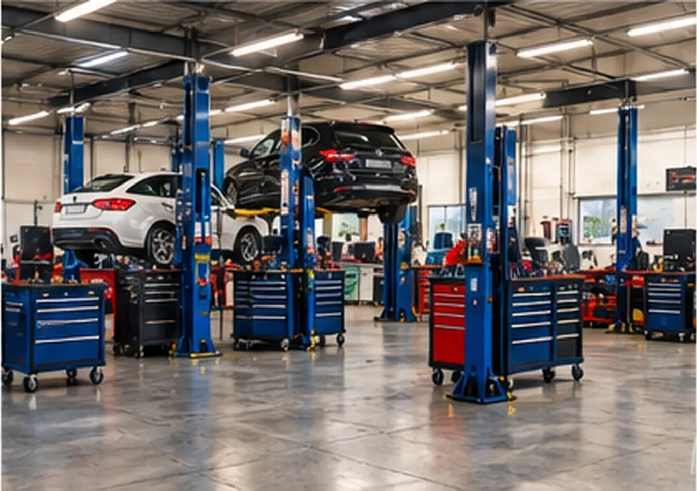 Atelier automobile avec véhicules sur ponts élévateurs