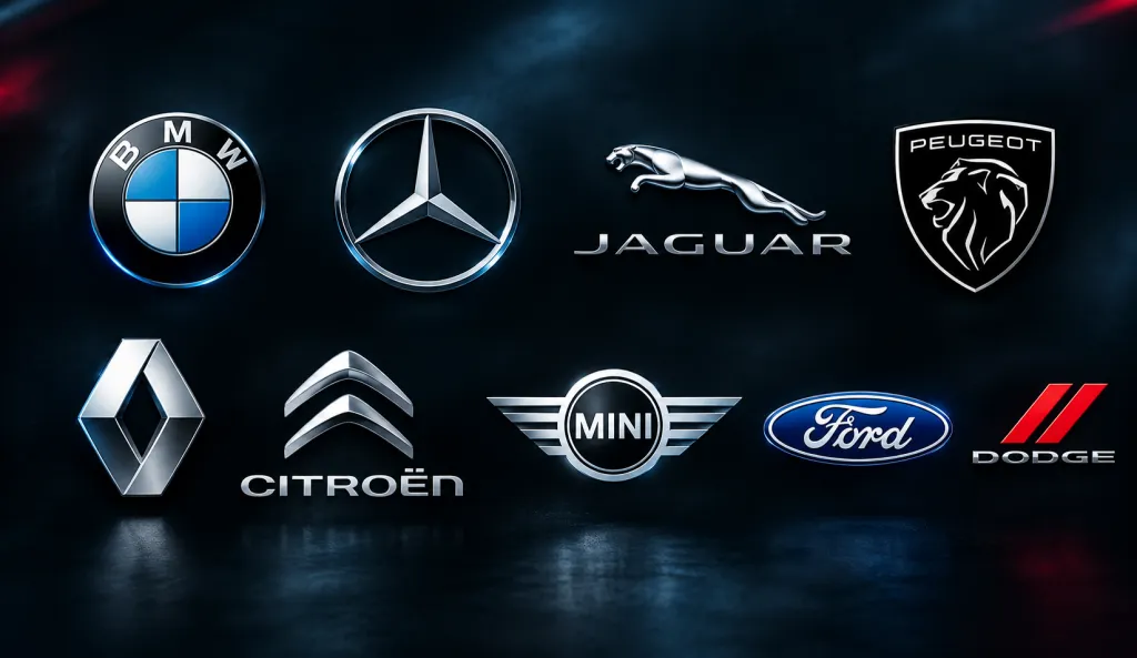 Logos de marques automobiles entretenues à l'atelier