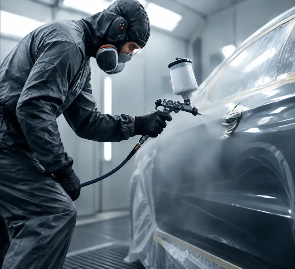 Peinture d'une carrosserie en cabine